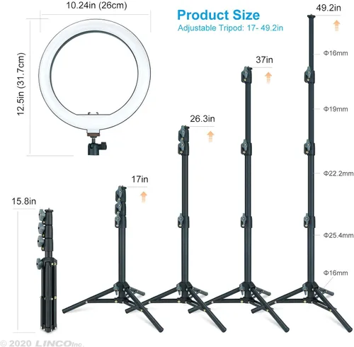 Vista 5 de LINCO Lincostore AM275 - Anillo de luz para selfie de 10 pulgadas con trípode y soporte para teléfono con control remoto Bluetooth para transmisión