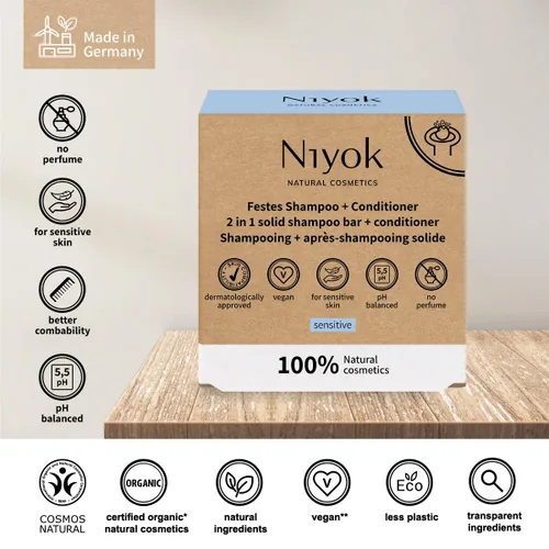 Vista 3 de Niyok Natural Cosmetics - Champú sólido 2 en 1 + barra acondicionadora, fórmula sensible, 2.82 oz
