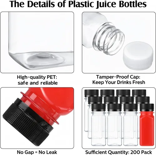 Vista 3 de Sliner 200 botellas pequeñas de plástico para jugo de 2 onzas, botella de jugo de jengibre con tapas, recipiente para bebidas transparentes