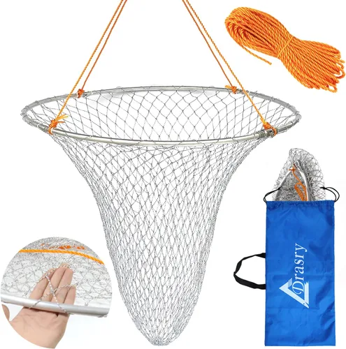 Vista 7 de Drasry Foldable Bridge and Pier Fishing Net Landing Net High Load-Bearing Aluminum Ring Drop Net for Saltwater Freshwater Pier Fishing Baskets Net
