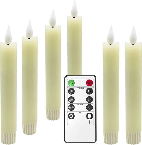 Vista 8 de Velas LED cónicas sin llama, 6 velas parpadeantes color marfil de 6.5 pulgadas con temporizador remoto, luz blanca cálida de cera real