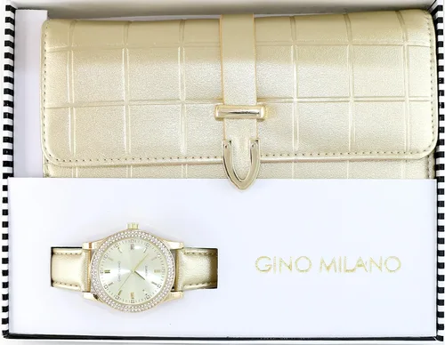 Vista 4 de Reloj de pulsera de cuero dorado para mujer y cartera de tres pliegues a juego