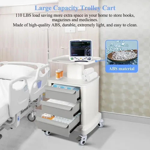 Vista 2 de Carrito de ultrasonido móvil para escáner de imágenes, carrito médico con 3 cajones y 4 ruedas silenciosas universales, almacenamiento de belleza