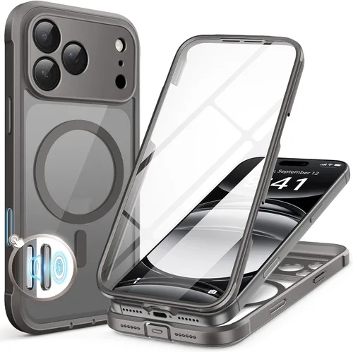 Vista 111 de BERFY Funda para iPhone 17 Pro Max, compatible con MagSafe, protector de pantalla de vidrio integrado, protección de cámara, funda de cuerpo
