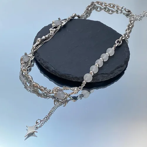 Vista 24 de Y2k - Collar irregular con dije de estrella, piedra de luna, diseño de cadena de moda, joyería de plata picante para mujer