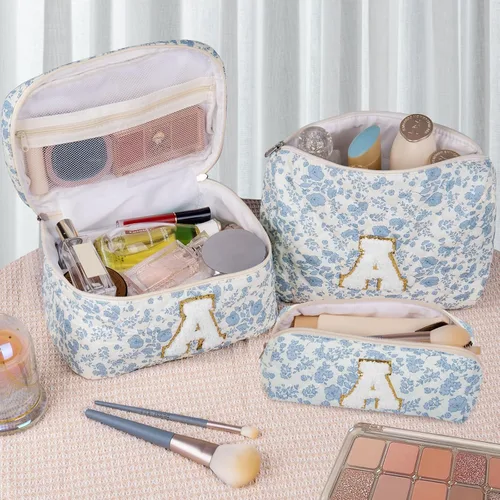 Vista 4 de Set de Bolso de Maquillaje Inicial Junesters, Bolso de Maquillaje Acolchado Personalizado, Bolso de Cosméticos Floral Grande para Mujeres, Bonitos