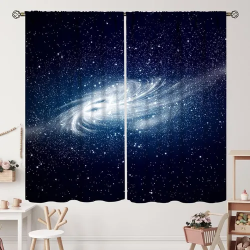 Vista 9 de Cortinas de planeta galaxia, espacio exterior, universo, nebulosa, estrellas, cielo estrellado, con bolsillo para cortinero, para sala de estar