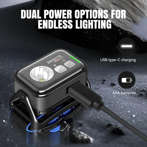 Vista 4 de Brinyte HC01 - Linterna frontal recargable de 1000 lúmenes USB-C de doble potencia LED con luz roja AAA de respaldo, luz ligera para casco duro