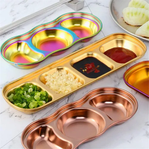 Vista 3 de Juego de 4 bandejas de acero inoxidable con 3 compartimentos para salsa, vinagre, soja, barbacoa, olla caliente, aperitivos y otras cenas de fiesta