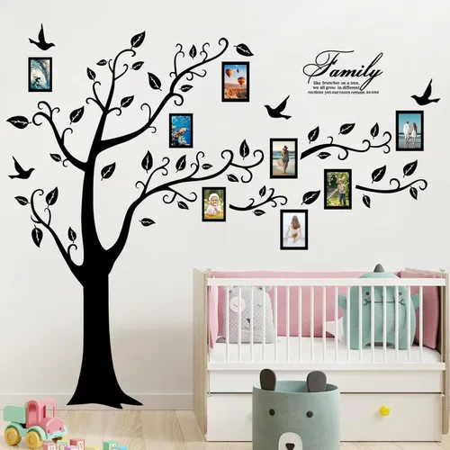 Vista 8 de Adhesivo de pared para árbol de fotos familiar grande, marco de fotos 3D, calcomanías de pared de árbol con citas extraíbles, hojas y pájaros, Negro