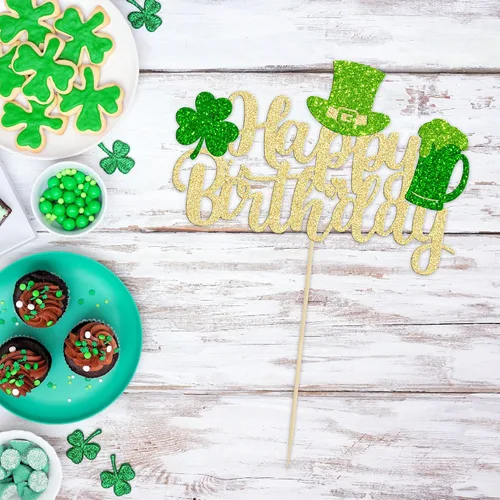 Vista 4 de Gyufise 1 decoración para pastel del día de San Patricio, trébol verde con purpurina de cuatro hojas, decoración de pastel de cumpleaños, decoración