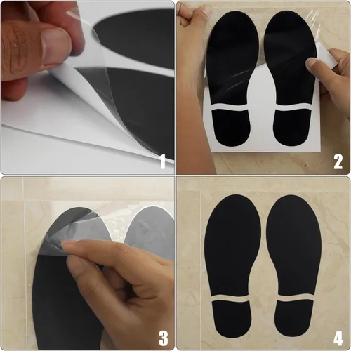 Vista 5 de 20 pares de calcomanías de huellas negras de 3 x 7 pulgadas, vinilo autoadhesivo para zapatos, decoración de pies a distancia, impermeable