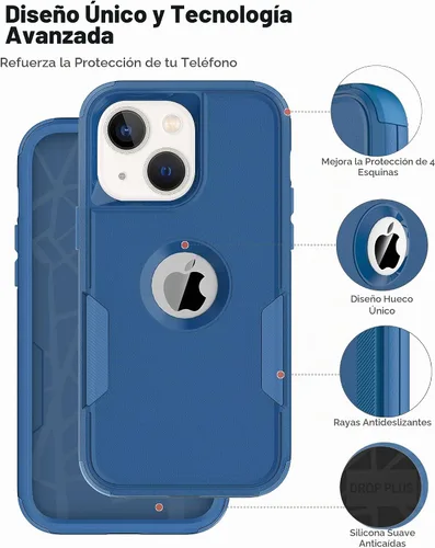 Vista 5 de Defender - Funda para iPhone 14 con clip para cinturón, 2 protectores de pantalla + protector de lente de cámara; funda protectora resistente a Azul