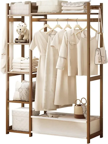 Vista 16 de Perchero de bambú con 5 estantes de almacenamiento para vestidos, zapatos y sombreros, carga máxima de 220.5 lbs, ideal para dormitorio