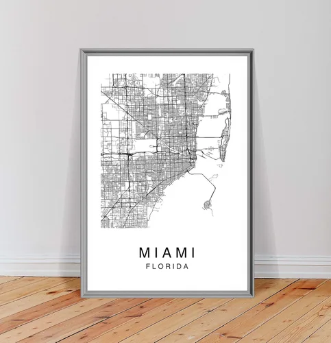Vista 4 de Miami Map Wall Art Poster Print Florida USA City Map Street Black & White