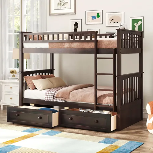 Vista 4 de Harper & Bright Designs Litera individual sobre individual con 2 cajones de almacenamiento, camas convertibles, base de cama de madera maciza