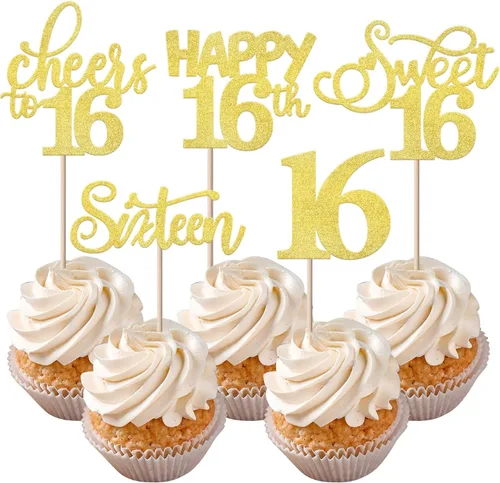 Vista 51 de Rsstarxi Paquete de 30 adornos para cupcakes de 6º cumpleaños con purpurina negra de seis Hello 6 para cupcakes Cheers to 6 años de edad