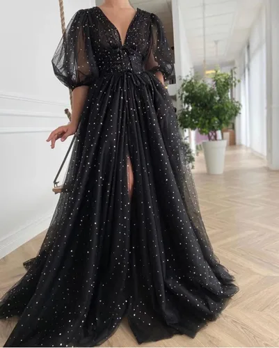 Vista 3 de Xijun - Vestidos de tul estrellado brillante para mujer, acampanados, con manga abombada y abertura, de estilo formal, para graduación, eventos