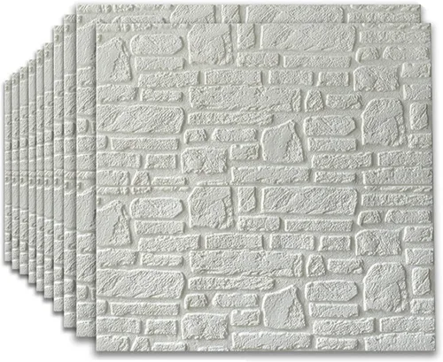Vista 15 de Paquete de 10 paneles de pared autoadhesivos de ladrillo 3D, color blanco, 27.6 x 27.6 in, moderno, impermeable, aspecto de piedra, efecto 3D