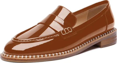 Vista 21 de FOGEENA Mocasines de tacón bajo para mujer, estilo casual, puntera redonda, de charol grueso, de 1 pulgada
