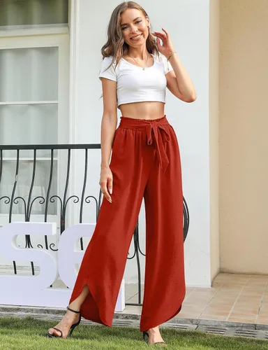 Vista 2 de Pantalones de vestir para mujer, cintura alta, pierna ancha, pantalones de descanso casuales de trabajo, pantalones curvados con pierna dividida