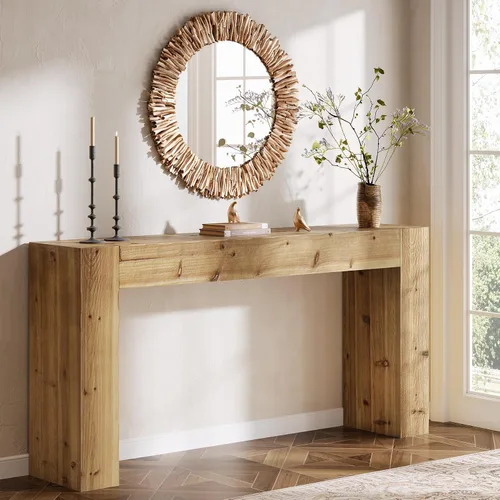Vista 9 de Mesa Consola de Madera Maciza, Mesa de Sofá Estilo Granja de 63 Pulgadas Detrás del Sofá para Entrada, Sala de Estar, Vestíbulo, Fácil Montaje Negro