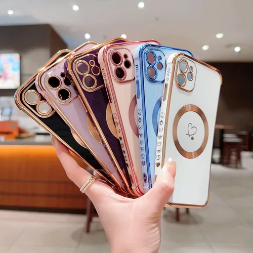 Vista 6 de Funda compatible con Magsafe para iPhone 11, diseño electrochapado con patrón de corazón de amor, TPU suave, a prueba de golpes, protección completa