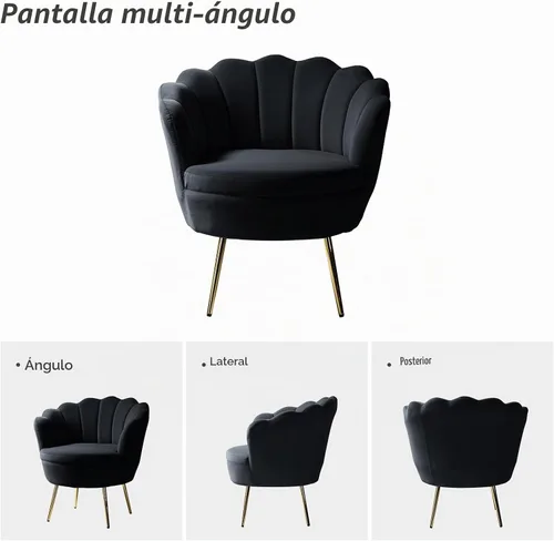 Vista 3 de HULALA HOME Silla decorativa moderna de terciopelo con respaldo en forma de concha, bonito sillón para sala de estar, dormitorio con patas doradas