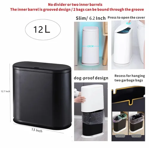 Vista 2 de Basurero delgado negro de 12 litros con tapa superior de presión, cubo de basura de cocina a prueba de mascotas y perros, cubo de basura delgado