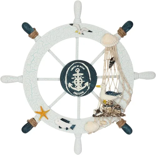 Vista 8 de Rienar Timón de barco náutico de madera para la playa con red de pesca y concha de pescado para decoración de pared en el hogar (27.9 cm de diámetro)