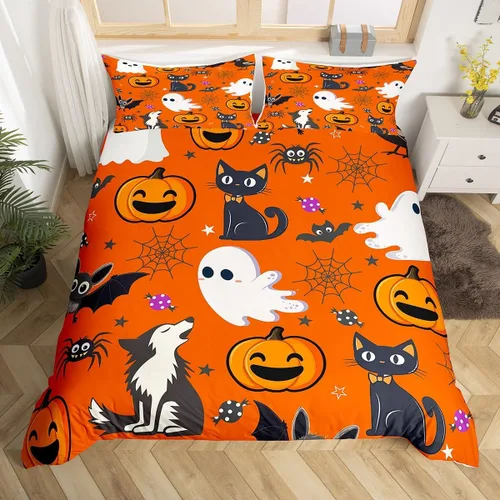Vista 33 de Juego de ropa de cama de Halloween, funda de edredón gótica de murciélagos negros con telarañas, funda de edredón individual, diseño de arañas