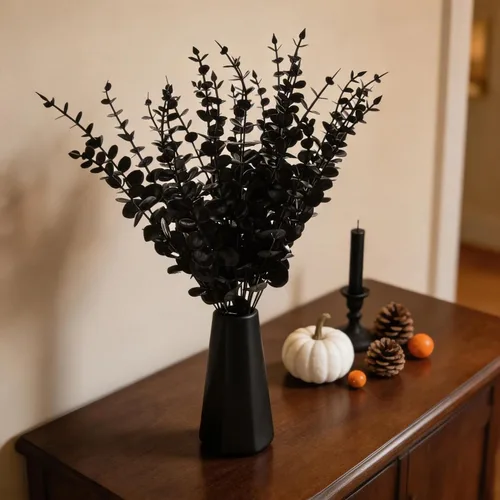 Vista 6 de Tinsow 26 Tallos de Eucalipto Artificial Negro Flores Falsas de Halloween Eucaliptos Hojas de Tacto Real Centro de Mesa Decoración para el Hogar