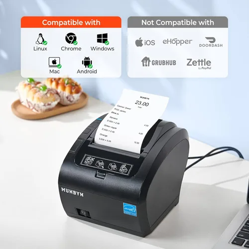 Vista 4 de Impresora de recibos térmica Bluetooth MUNBYN P047, impresora POS de 80mm, impresora térmica con USB, Serial, Ethernet, Bluetooth, compatible