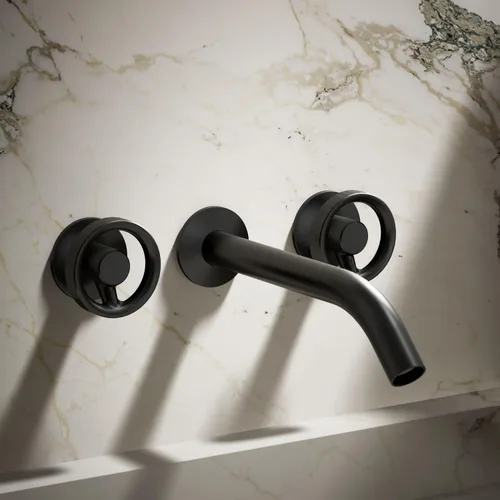 Vista 2 de KOHLER Componentes montaje en pared grifo de lavabo de baño con manijas industriales