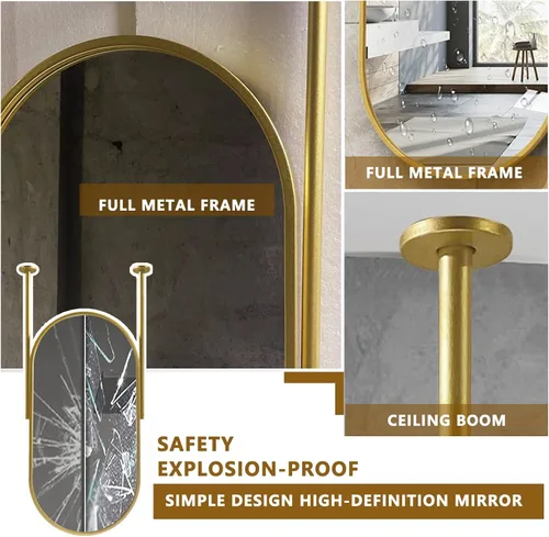 Vista 4 de Espejo de barra colgante de techo, espejos decorativos ovalados para pared, baño, tocador, maquillaje, espejo flotante con marco de metal dorado