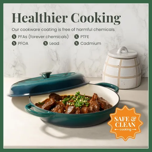 Vista 3 de Larder & Vine Brasera de Hierro Fundido Esmaltado Brasera de 3.6 qt con Tapa Horno Holandés Poco Profundo Compatible con Todas las Cocinas