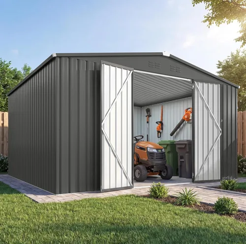 Vista 33 de AECOJOY Cobertizo de almacenamiento de metal para exteriores de 3 x 5 pies, cobertizo de herramientas de jardín resistente con puerta de gran