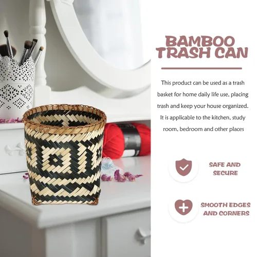Vista 8 de Healeved Papelera de mimbre tejida de ratán, cesta de basura rústica, contenedor de basura redondo, contenedor de basura decorativo, cesta