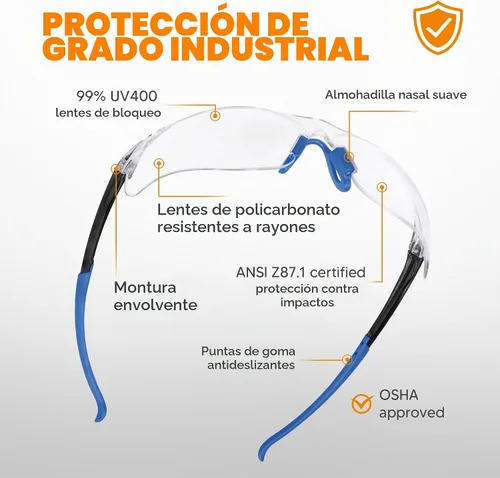 Vista 5 de Gafas de seguridad transparentes, paquete de 3, gafas protectoras con protección UV ANSI Z87.1, gafas de seguridad resistentes a arañazos e Lente