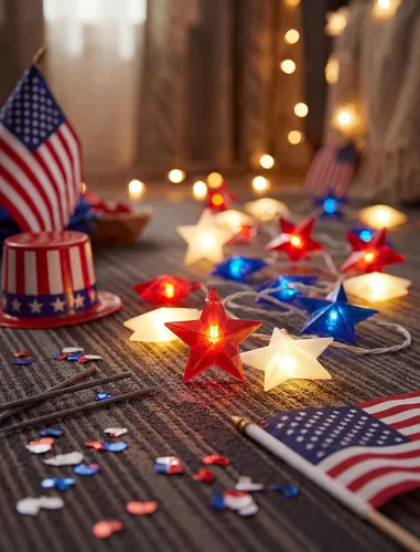Vista 2 de Tira de luces de estrellas rojas, blancas y azules, 8.5 pies, luces de decoración del 4 de julio con 10 luces rojas, blancas y azules, tira de luces
