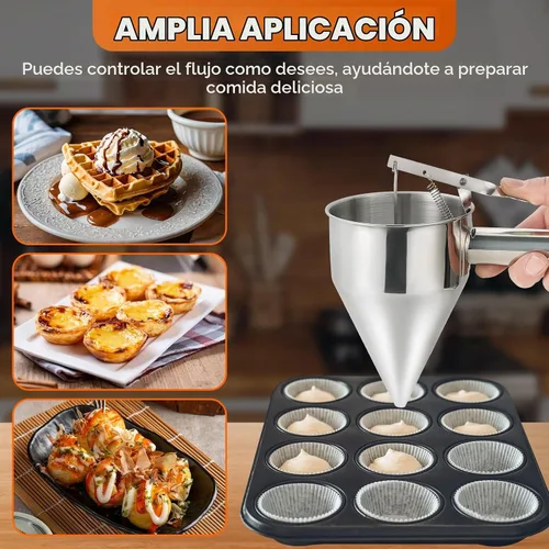 Vista 6 de Dispensador de masa de panqueques de acero inoxidable de 20.3 fl oz/20 onzas, dispensador de embudo de pistón con soporte mango desmontable