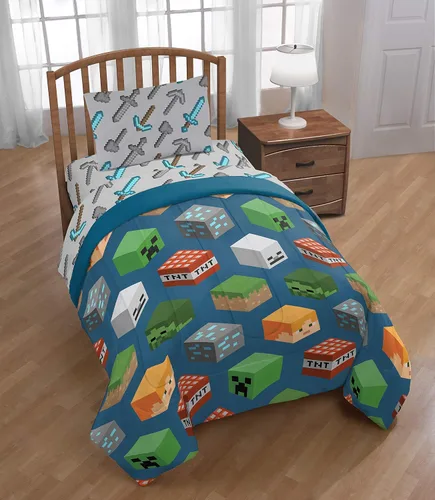 Vista 3 de Jay Franco - Edredón para niños, suave y acogedor para una decoración de habitación con estilo, producto oficial con licencia, azul - Minecraft