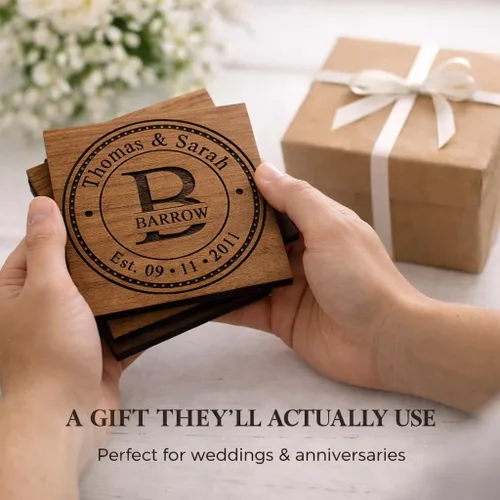 Vista 7 de Posavasos personalizados para regalos de boda, o juegos de posavasos de madera personalizados Opciones de juego de posavasos personalizados