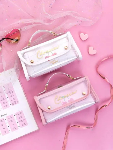 Vista 4 de Estuche para lápices con diseño de corazón transparente con diseño de cerezas, material estético kawaii, papelería (cereza rosa)
