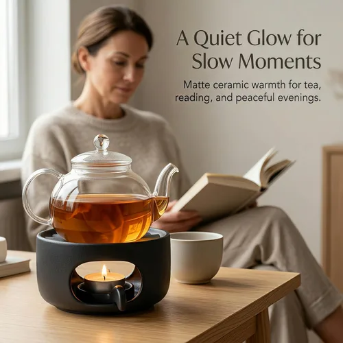 Vista 7 de Calentador de tetera de cerámica mate con cuchara de vela extraíble, base de calentador de té de bajo perfil para teteras de vidrio o cerámica Negro