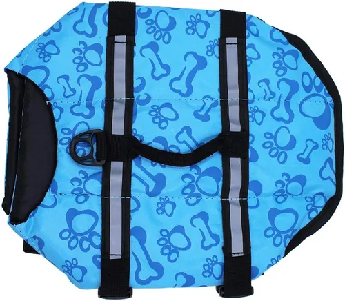 Vista 5 de Chaleco salvavidas para perros de fácil ajuste con cinturón ajustable para proteger las mascotas, traje de baño de seguridad para nadar con rayas