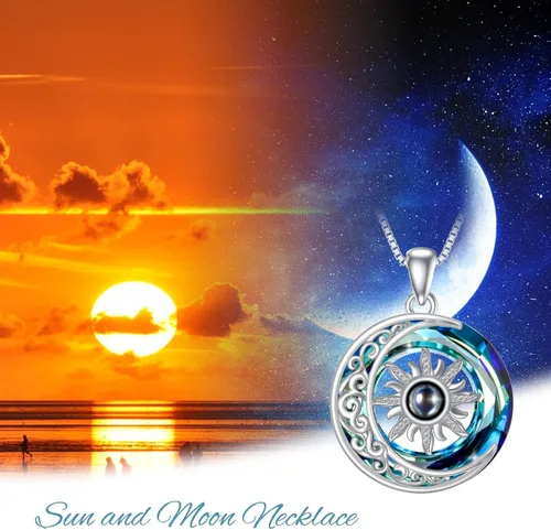 Vista 2 de POPKIMI Collar de sol y luna de plata de ley, collar de amistad con texto en inglés "I Love You", 100 idiomas, Metal, Cristal
