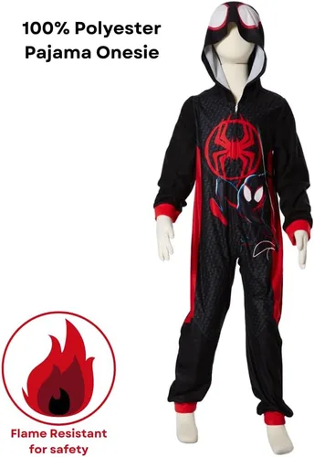 Vista 6 de Marvel Pijama de Spiderman para niños, disfraz de Spiderman con capucha de Miles Morales o para dormir con cremallera frontal, tallas 4-10