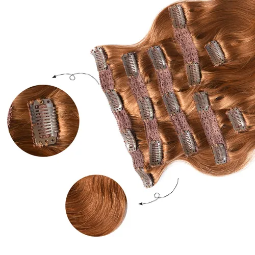 Vista 3 de viviaBella Extensiones de cabello humano ondulado con clip, color rojo cobre, 14 pulgadas, cabello virgen brasileño de doble trama, 7 unidades por