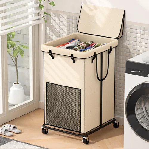 Vista 12 de Cestos grandes para la ropa sucia con tapa, cestas de tela Oxford, marco de metal y diseño de bolsa extraíble con ruedas, adecuadas para dormitorio